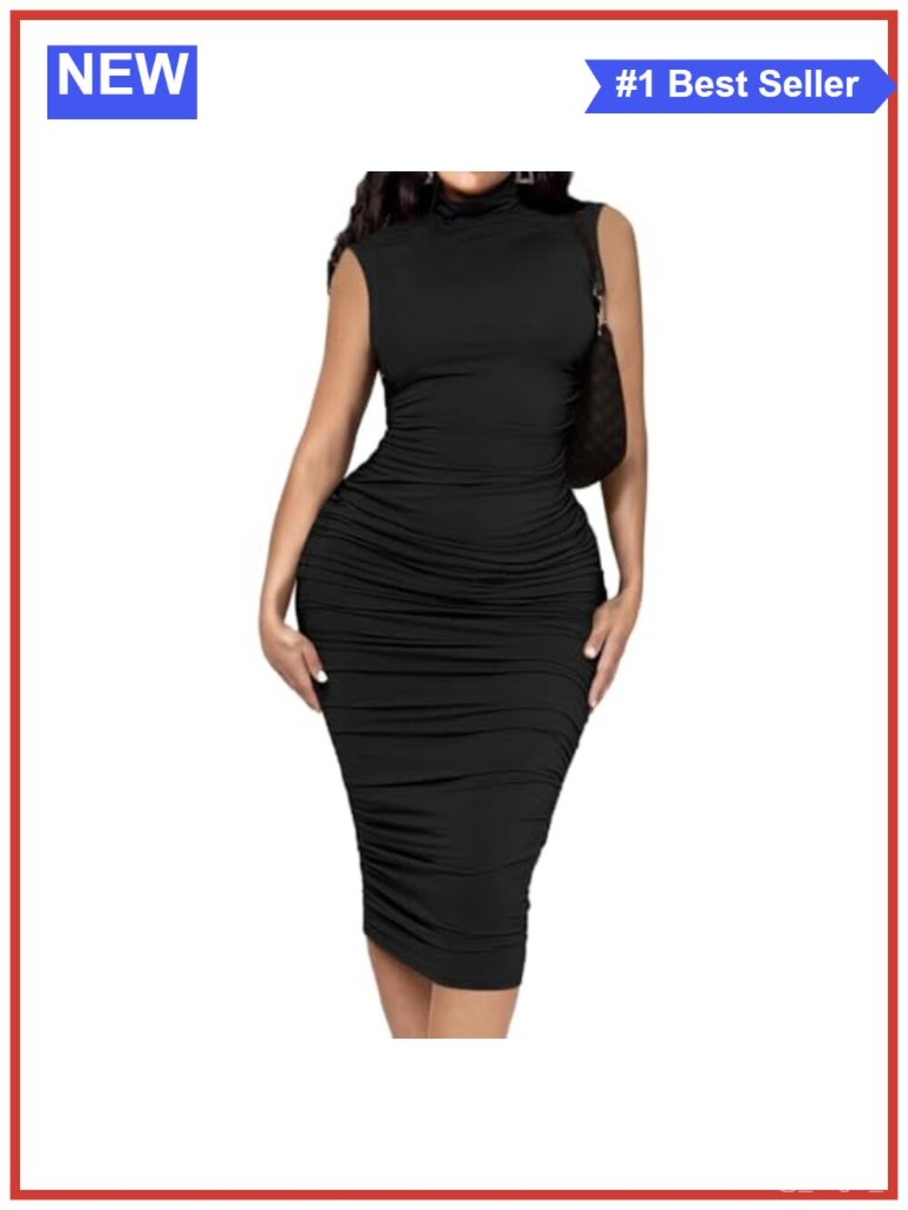 Women's Ruched Mock Neck Sleeveless Bodycon Midi Dress Semi Formal